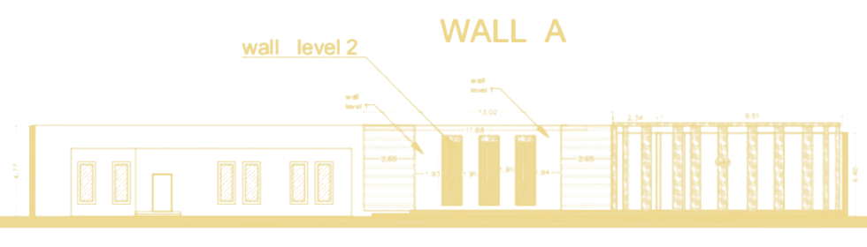 Interior shop drawing, Wall A elevation: two wall levels, a three-leaf door set and a timber-slat screen bay, with 13.02 / 11.68 / 9.51 / 2.65 m setting-out dimensions. Drawing title block cropped out
