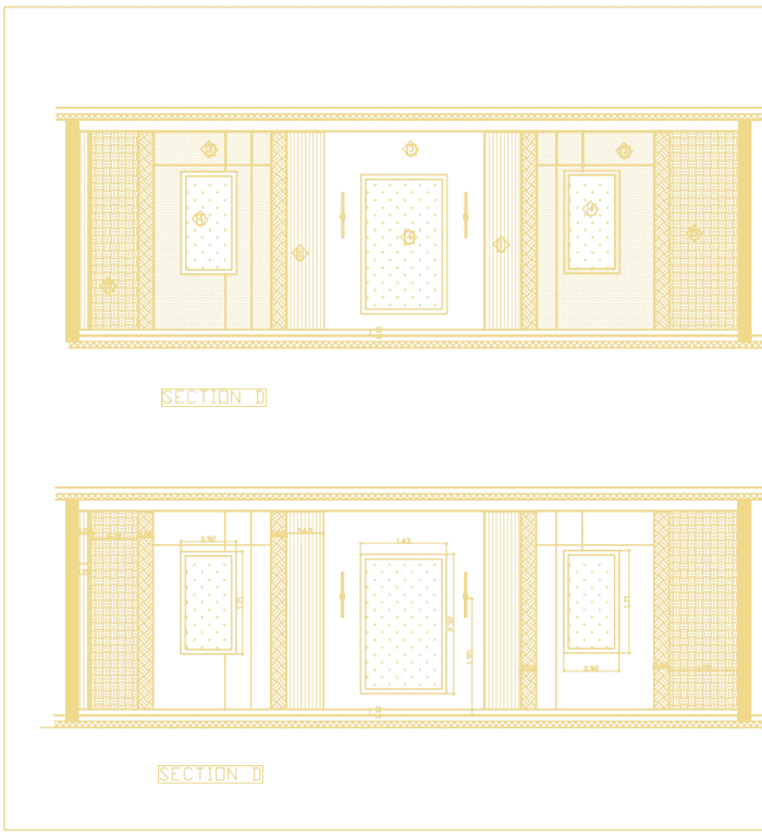 Interior shop drawing, Section D: two wall elevations showing three upholstered panel bays between clad piers, with 0.92 / 1.43 / 1.71 / 2.32 m setting-out dimensions. Drawing title block cropped out