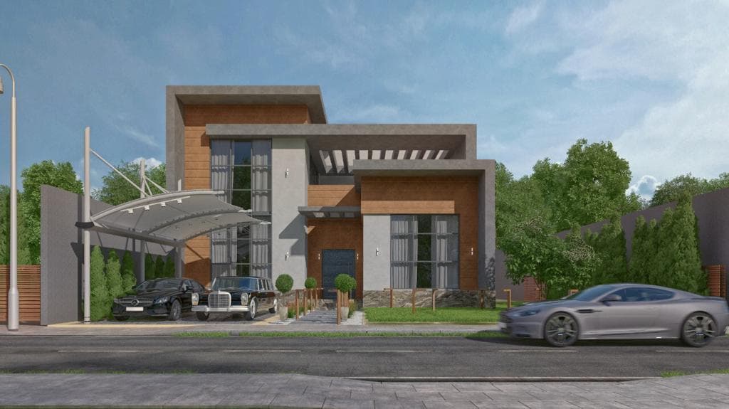Modern villa in timber and white render in daylight, with a tensile-canopy carport, parked cars and boundary planting