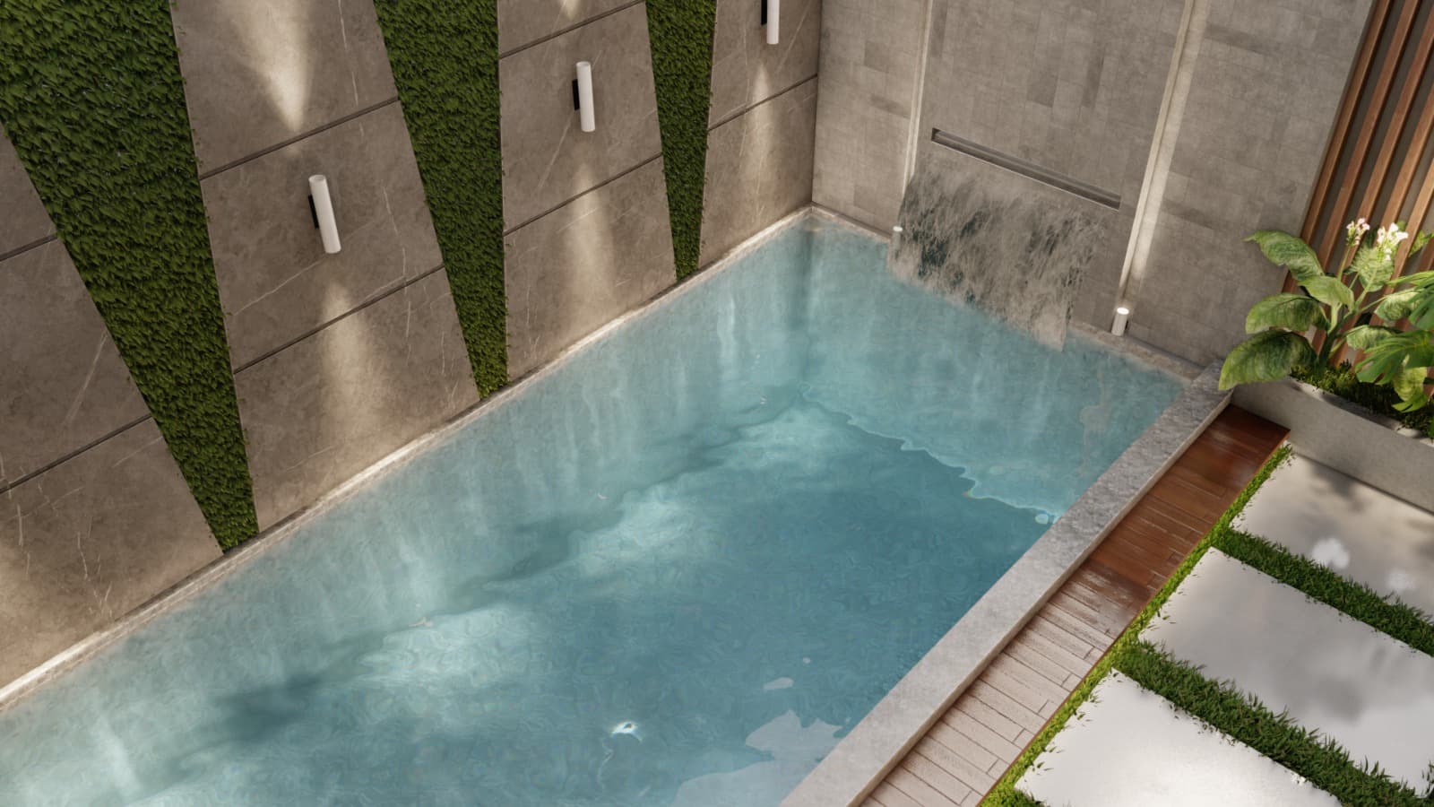 Lap pool seen from above, framed by strips of lawn, board-formed concrete walls and a timber deck edge