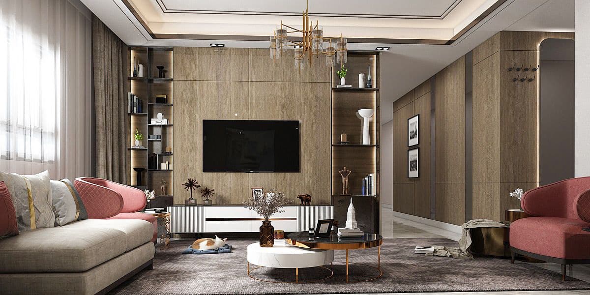 Warm family living room with a fluted timber TV wall, a curved cream sofa, blush accent chairs and a brass chandelier
