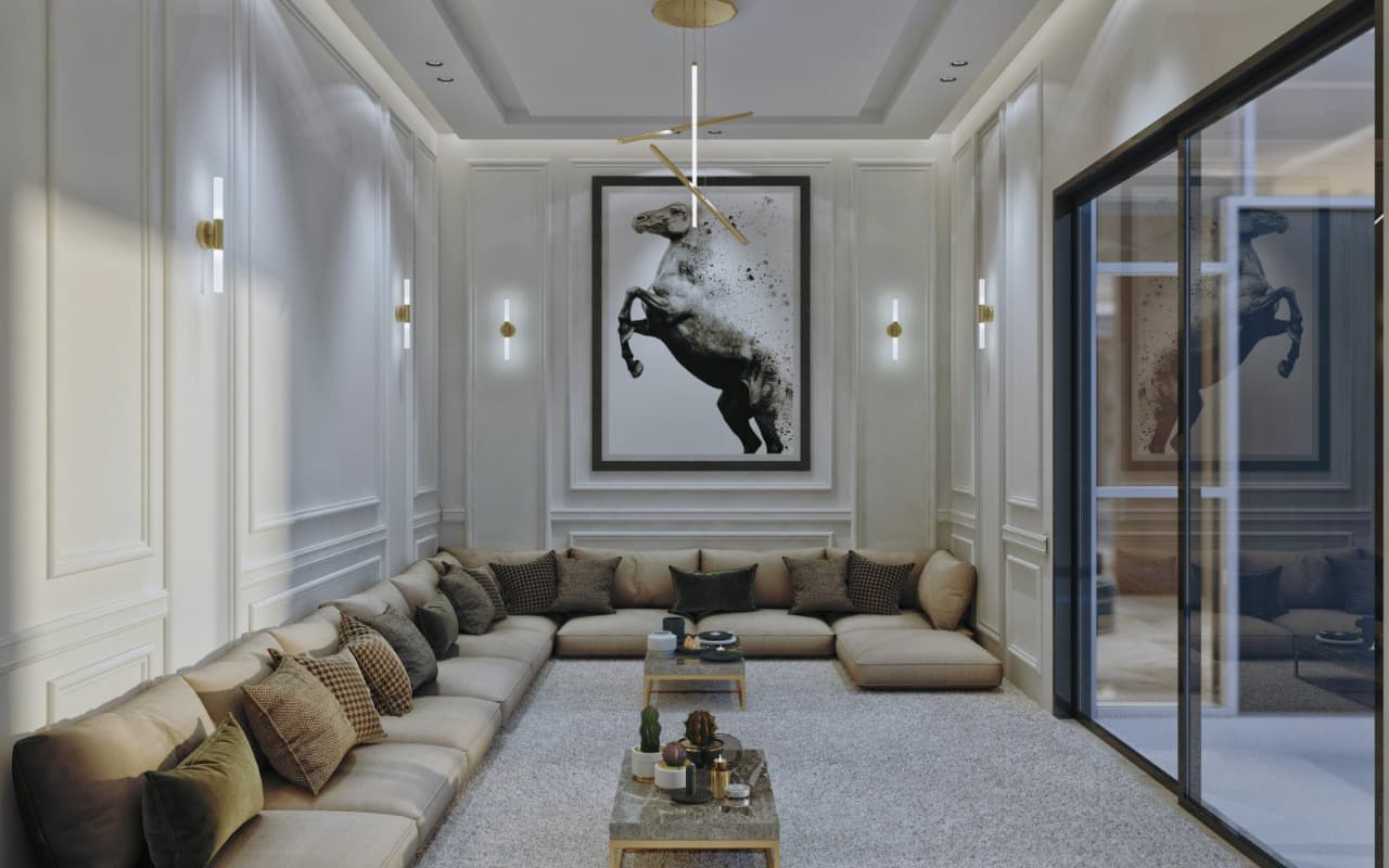 Contemporary majlis with a large equestrian artwork, glazed pivot doors and a continuous cream banquette