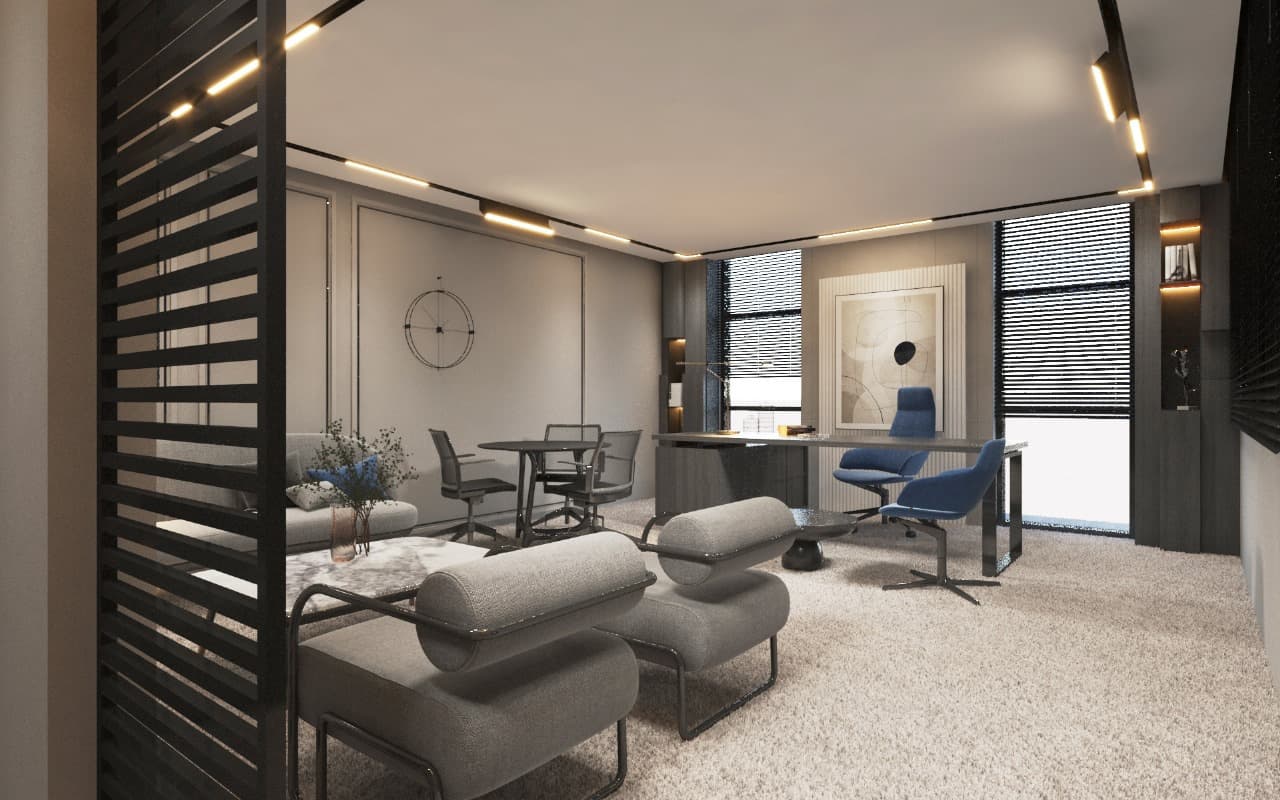 Executive office behind a black slatted screen: lounge chairs, a desk with a blue task chair and a glazed meeting area beyond