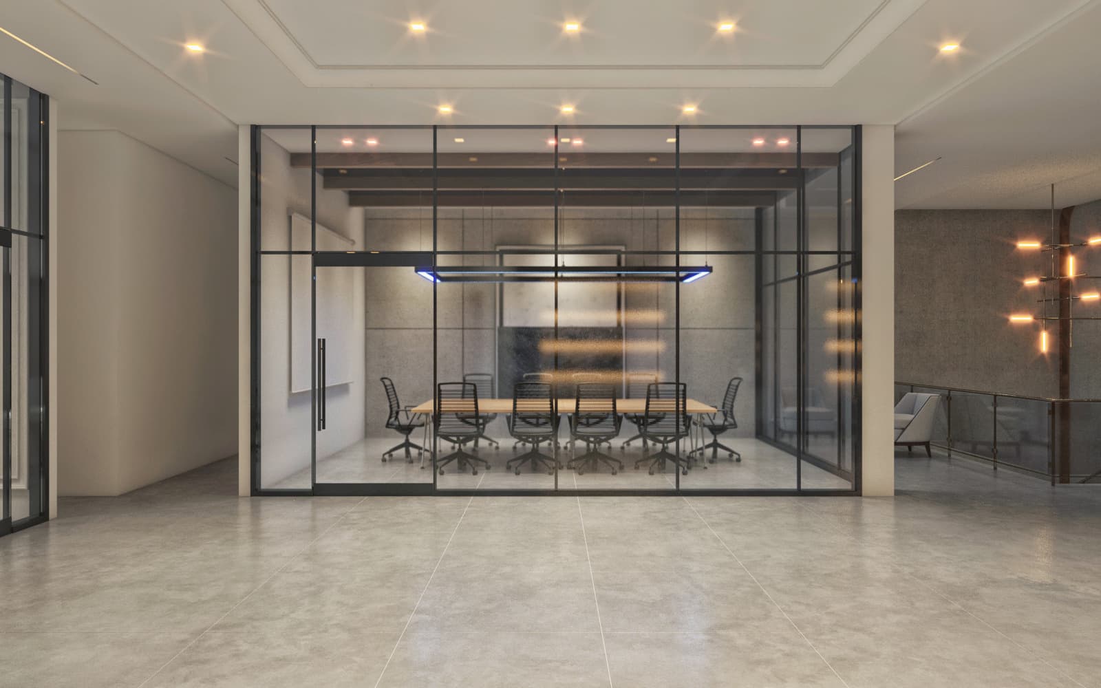 Glazed boardroom seen from an open-plan office floor: black steel framing, a long meeting table and a linear pendant
