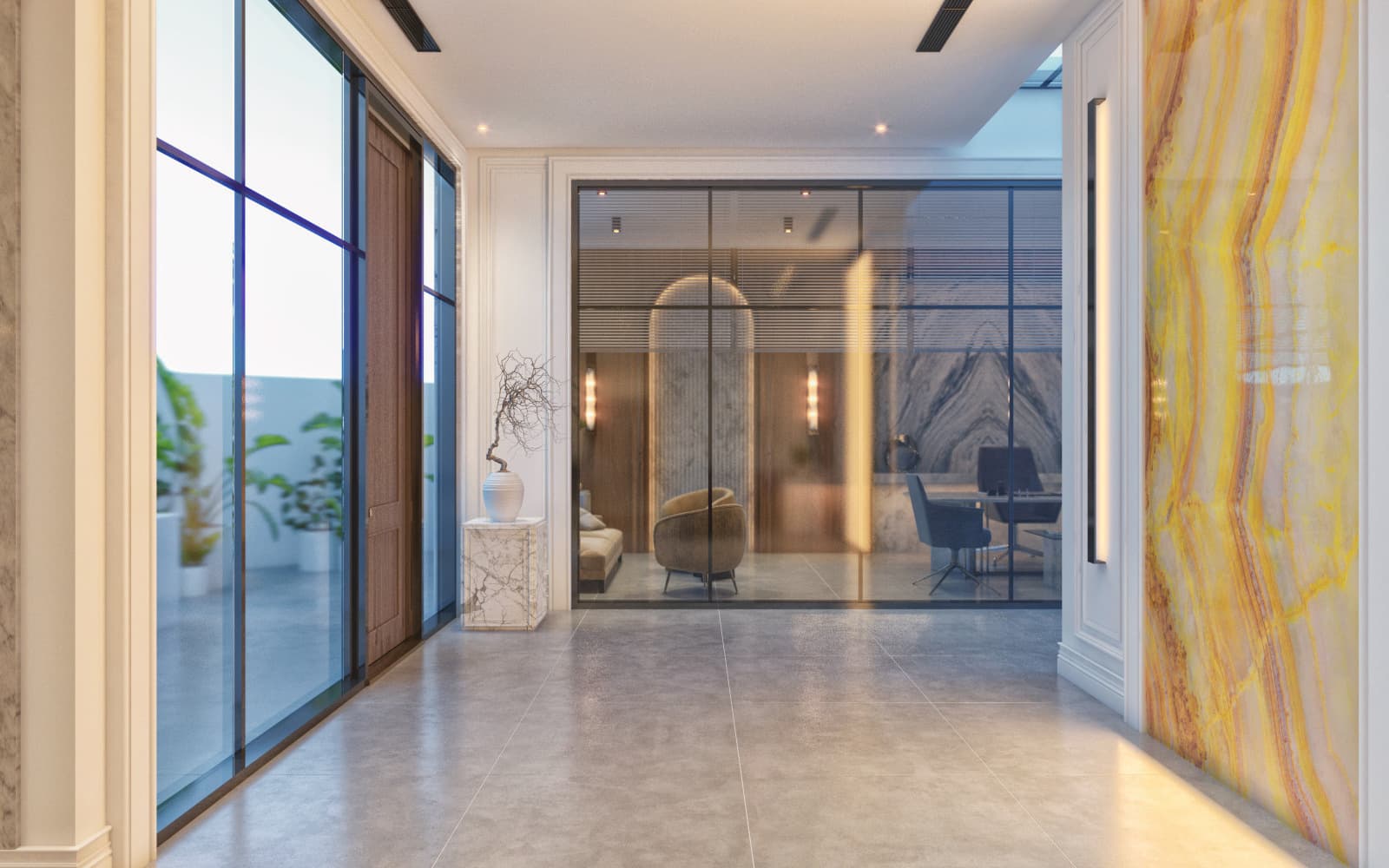 Office lobby corridor running between a full-height backlit onyx wall and a glazed executive suite