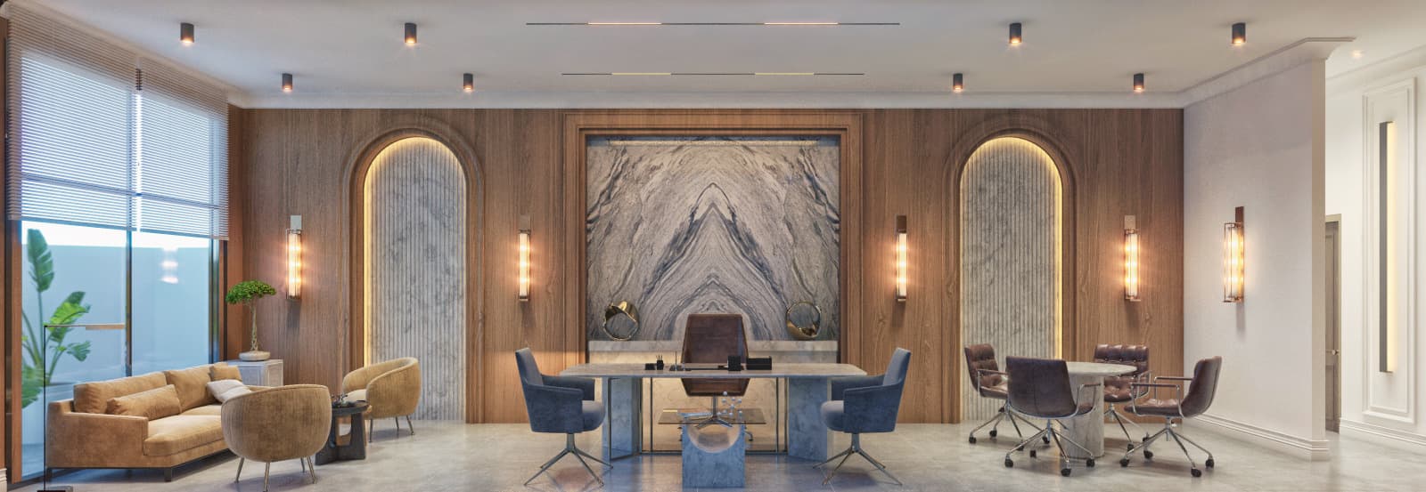 Panoramic office reception: a book-matched marble feature wall, arched lit niches, timber panelling and clustered meeting seating