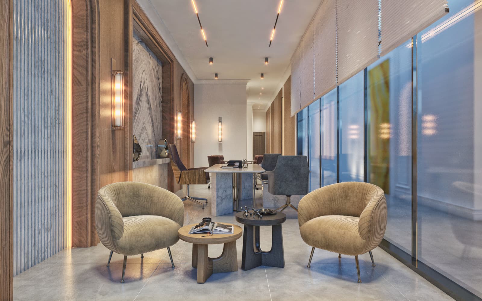 Glazed office waiting area with upholstered tub chairs, nested side tables and full-height glazing onto a corridor