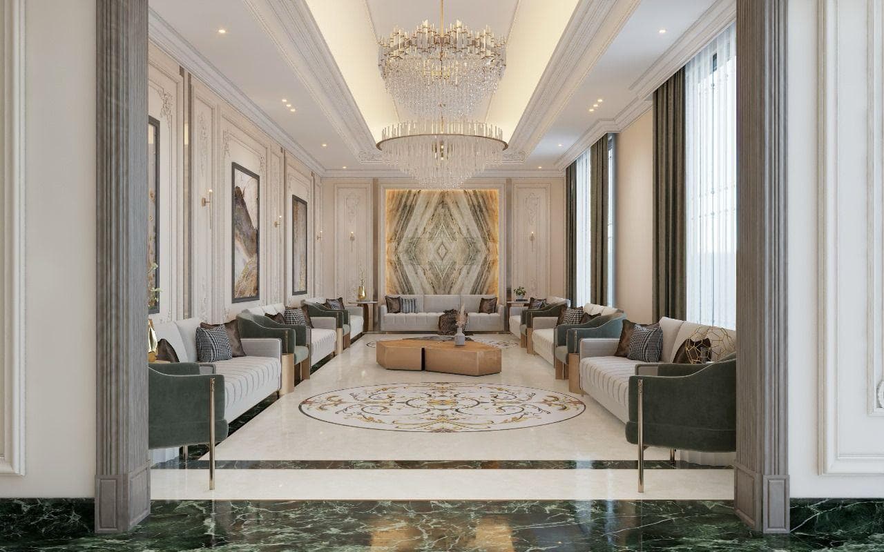 Formal reception hall in cream panelling with a book-matched marble feature wall and a patterned marble floor inlay