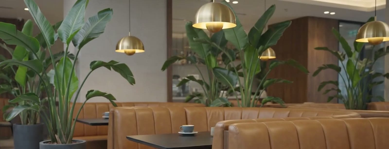 Cafe banquette in tan leather beneath brass pendant lighting