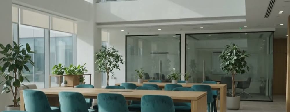 Open-plan meeting space behind glazed partitions