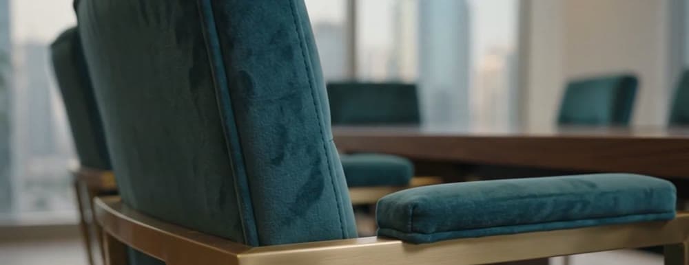 Upholstered conference chair against a timber table edge