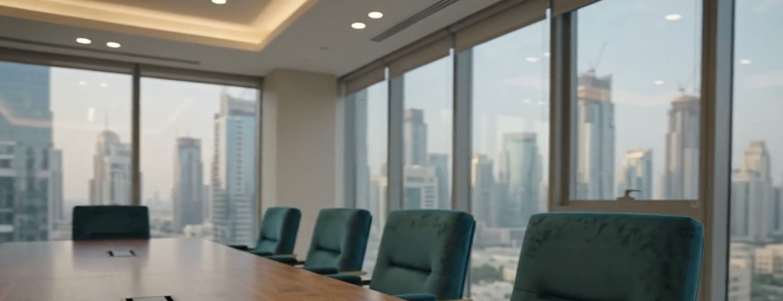Boardroom with city skyline beyond full-height glazing