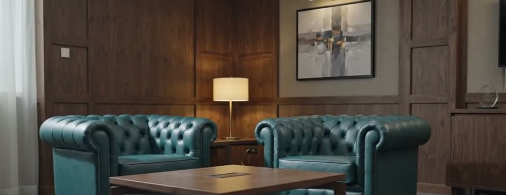Deep green chesterfield seating beside a lamp