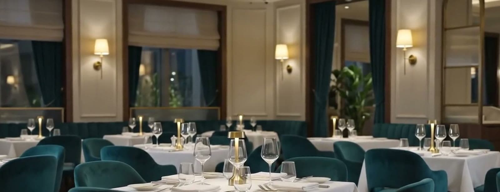 Dining room laid with white linen under warm wall lighting