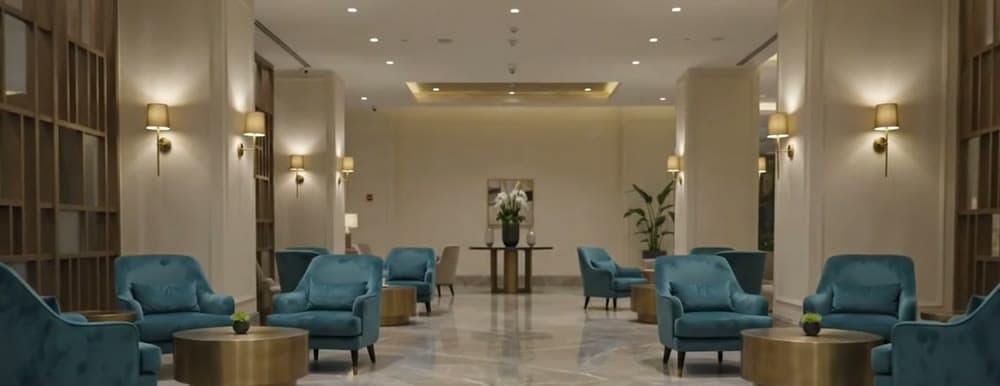 Lounge seating clusters beneath wall sconces