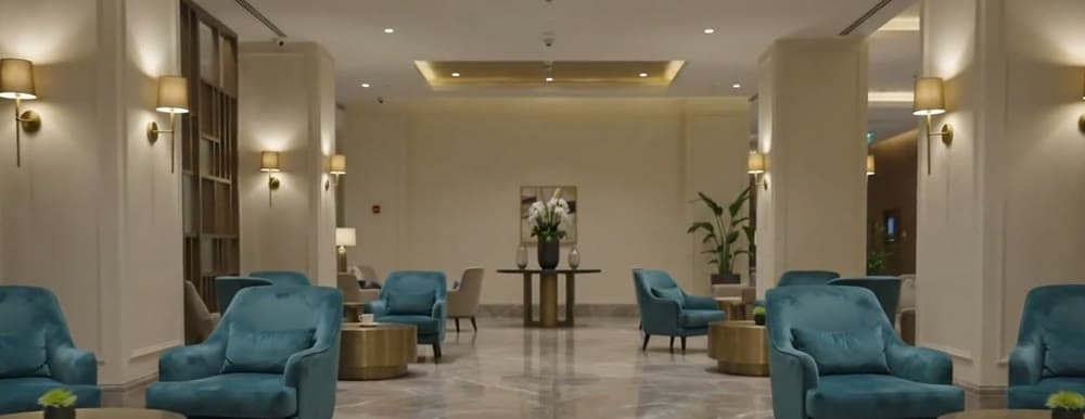 Wide lobby view with grouped armchairs