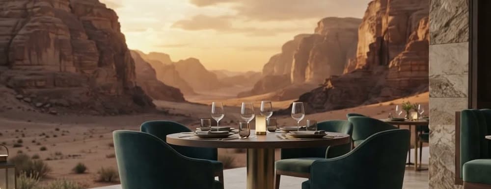 Dining set on a terrace above a desert canyon at sunset