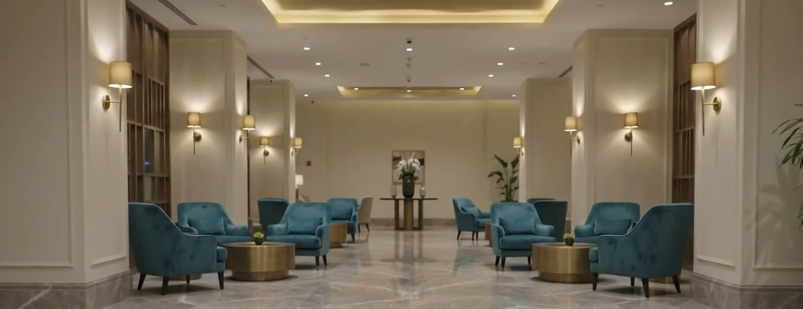 Hotel lobby with blue-green armchairs on marble flooring