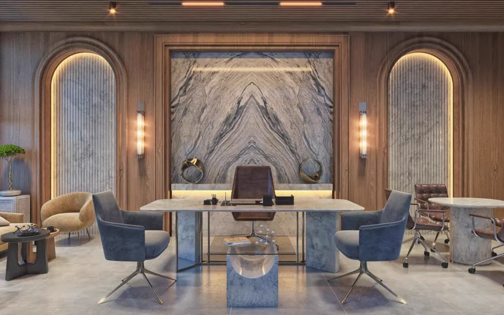 Executive office with a marble feature wall and arched niches