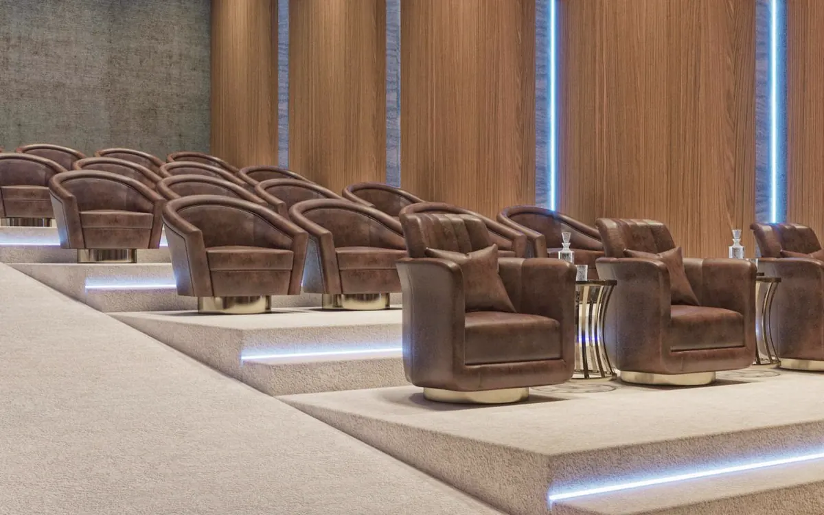 Cinema seating rows beneath a curved timber ceiling