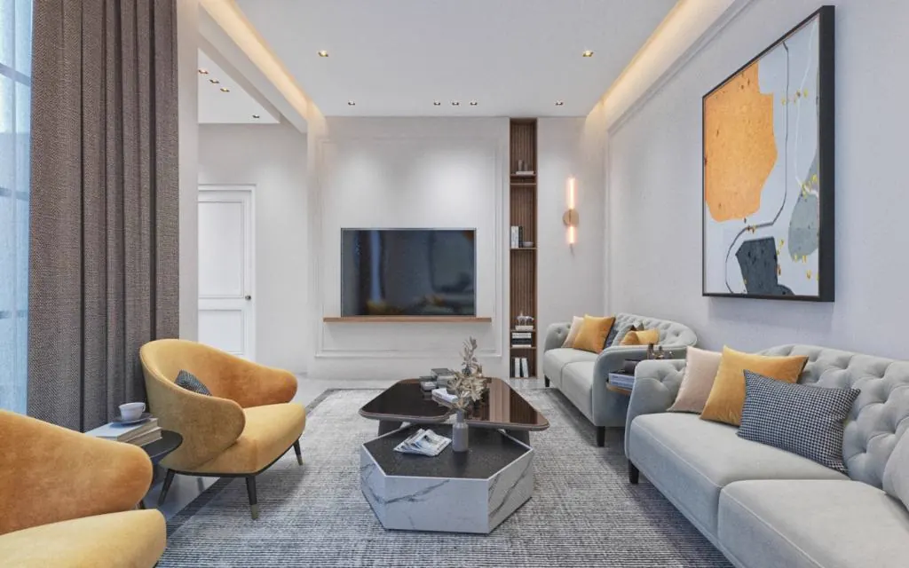 Living room with yellow armchairs and a low marble table