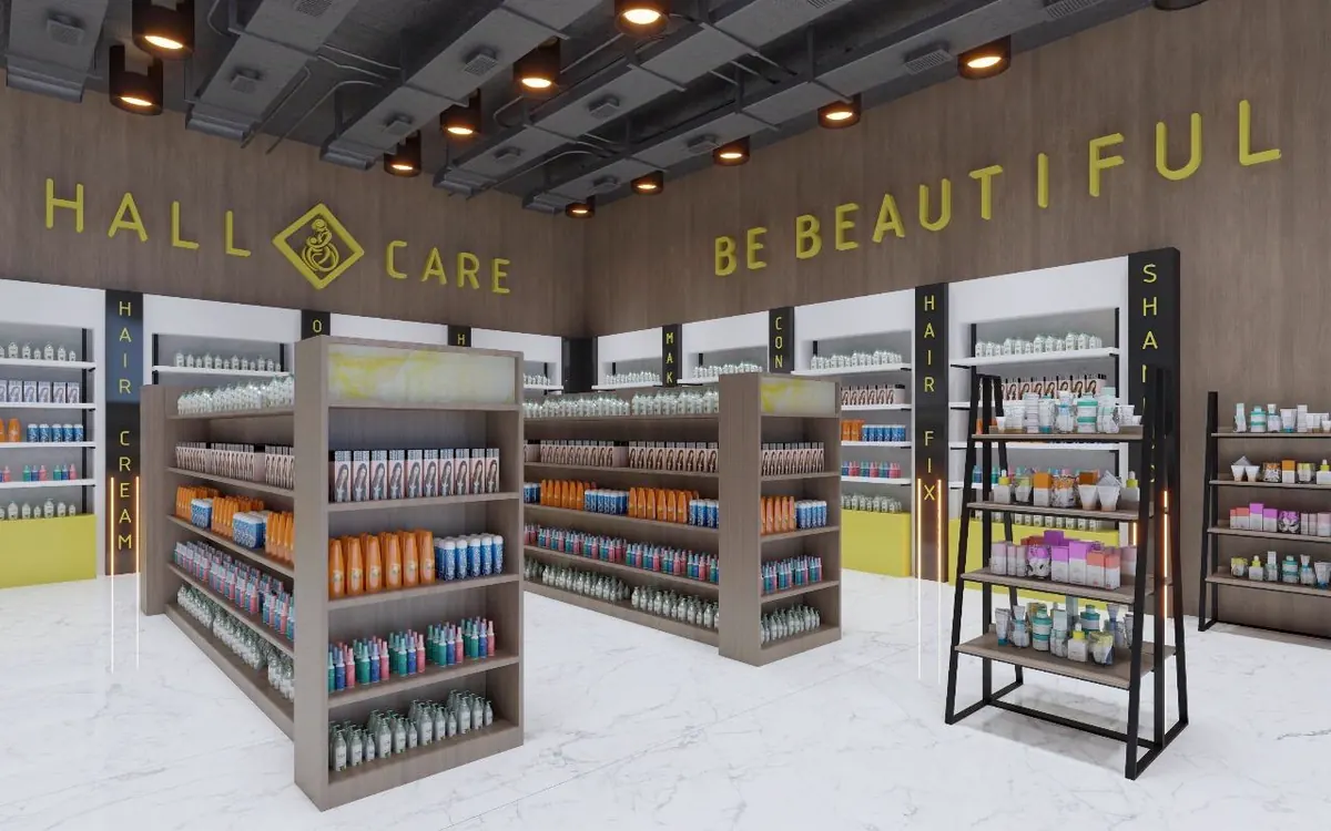Beauty retail floor with gondola shelving and signage