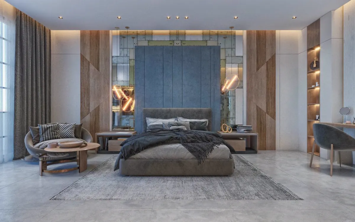Master bedroom with timber wall panelling in blue tones
