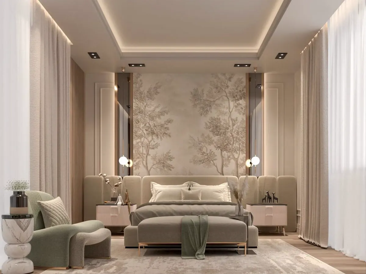 Bedroom with a botanical mural wall and a sage bench