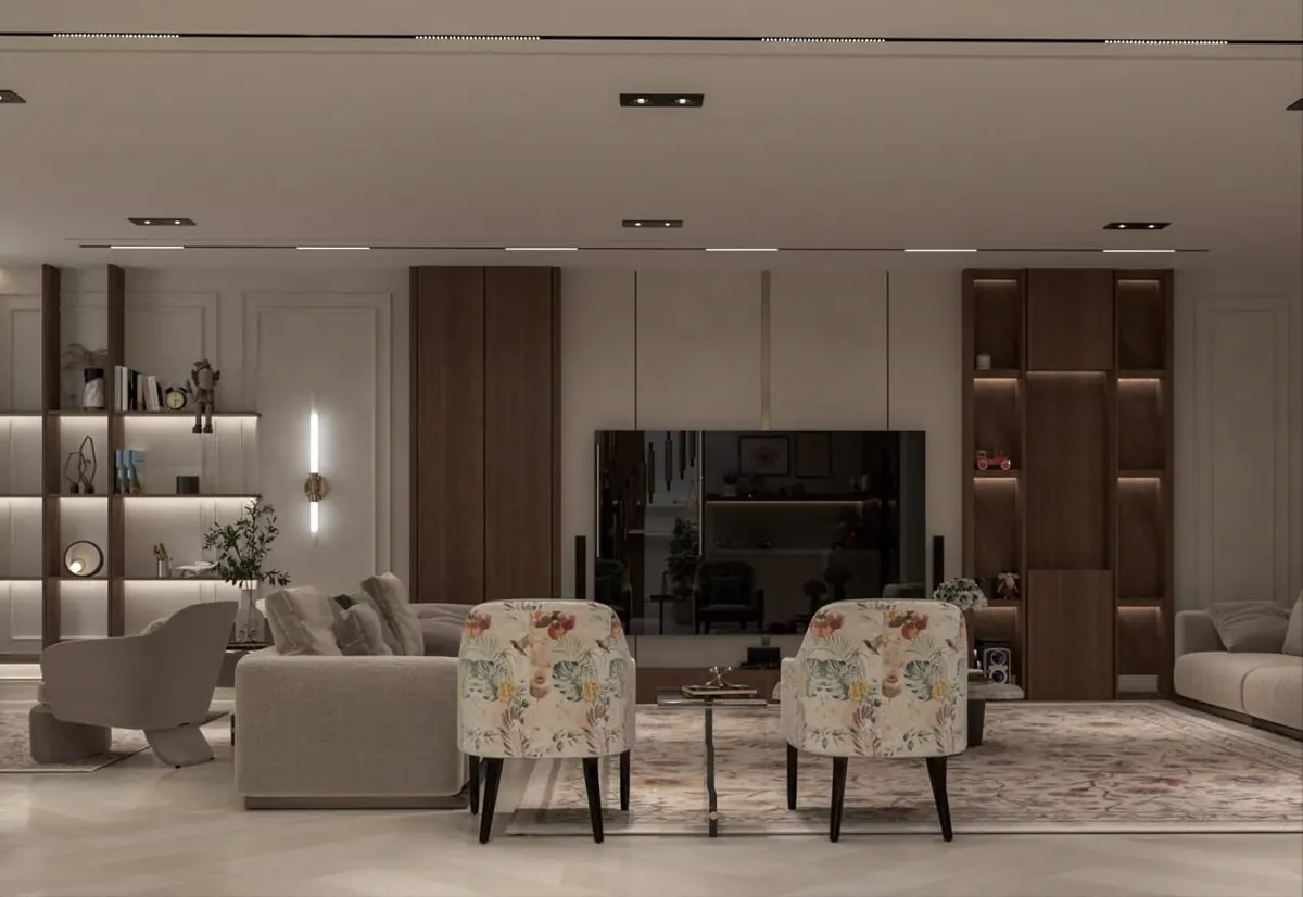 Open-plan living and dining space with a media wall