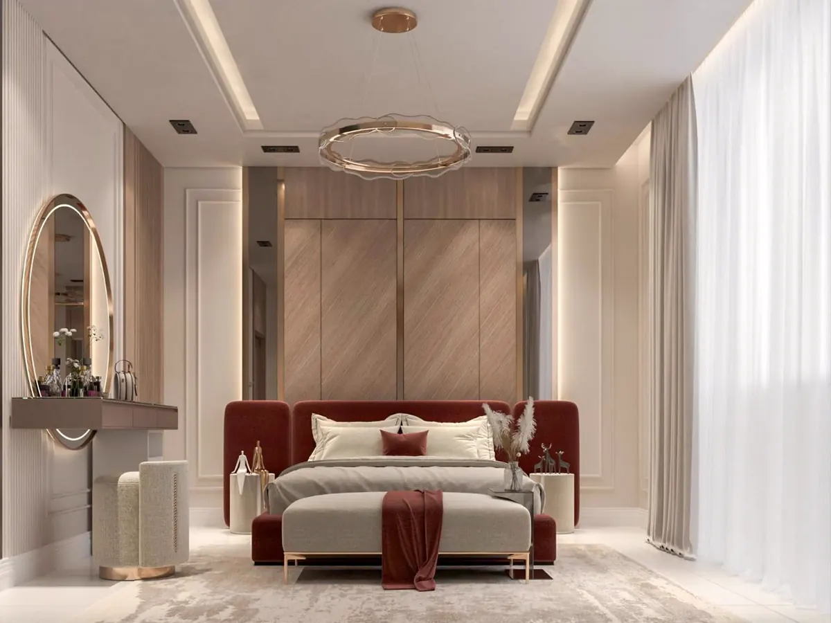 Bedroom with an oval mirror and a red throw