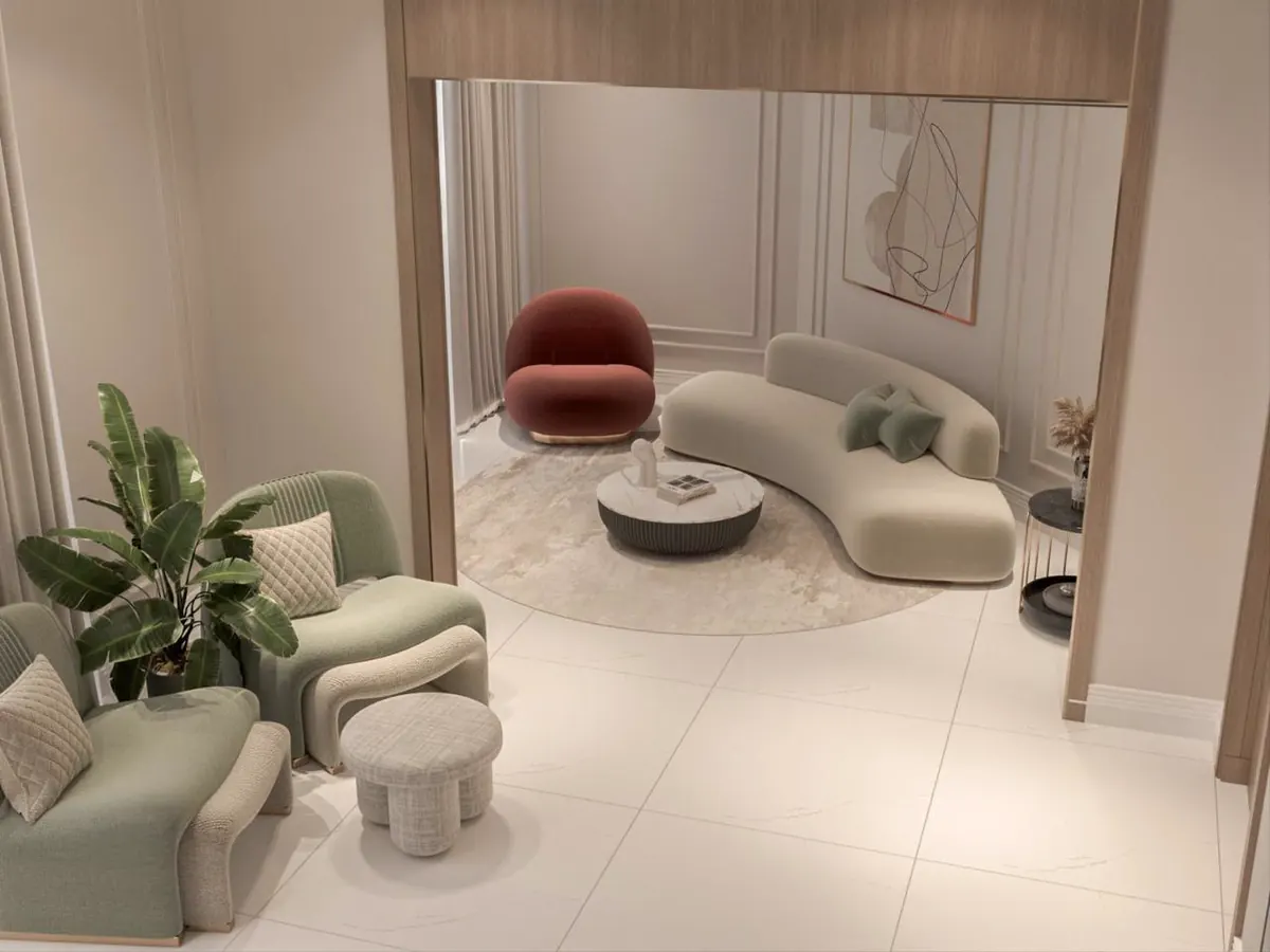 Sitting nook with a curved sofa and planting