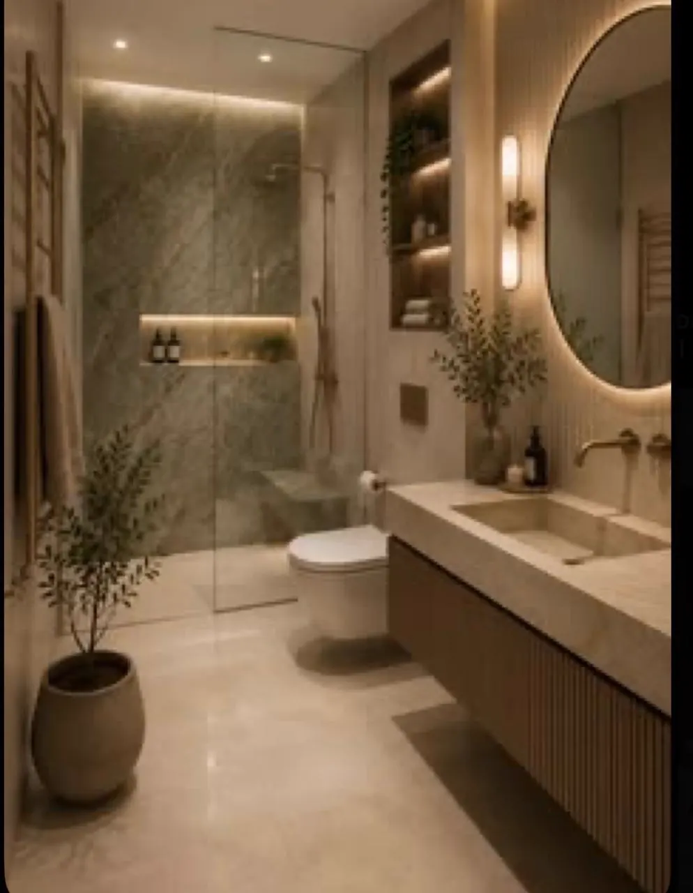 Bathroom with a backlit mirror and stone vanity