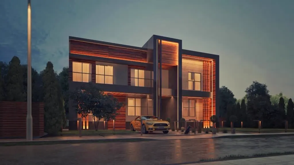 Contemporary villa exterior at dusk