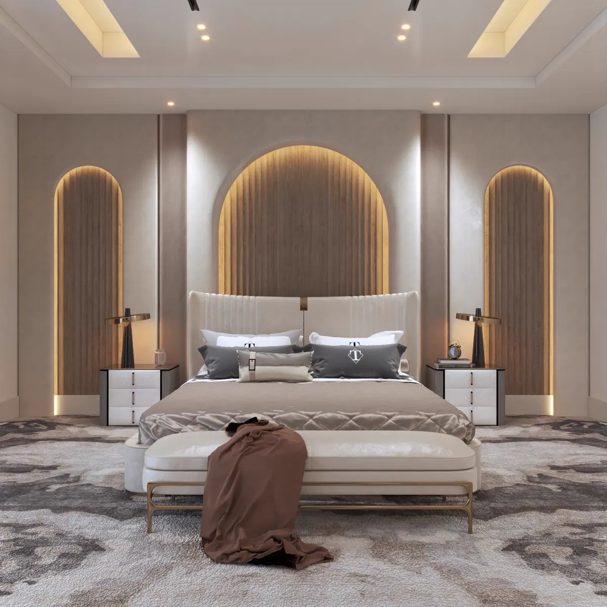 Bedroom with an arched fluted headboard on a marble floor
