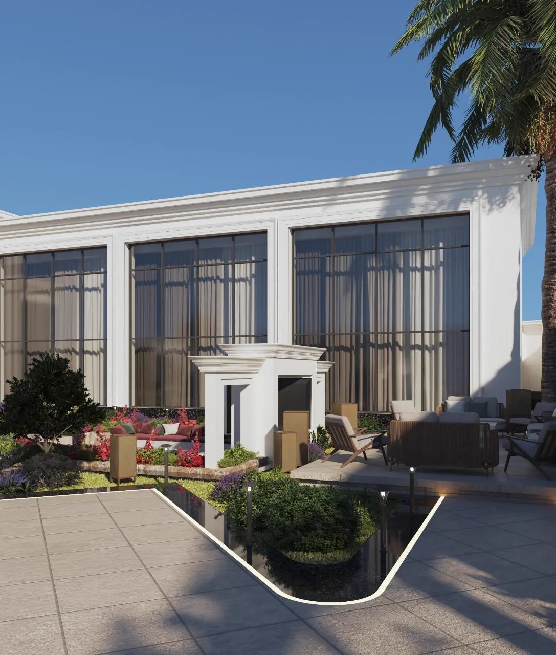 Glazed villa facade above planted terraces