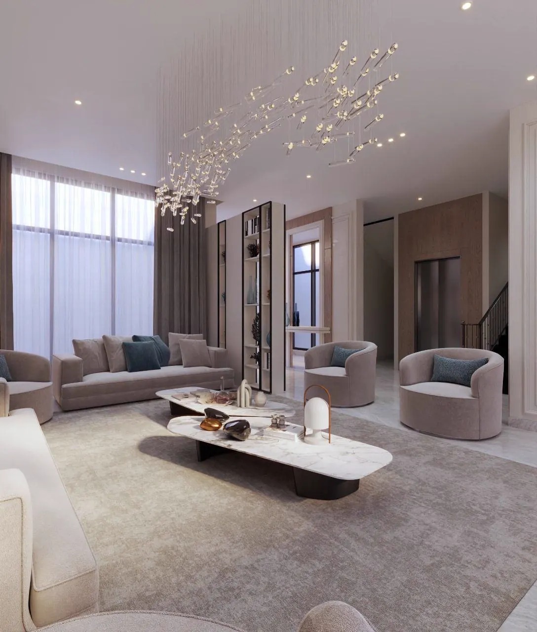 Double-height living space with a cascading light installation
