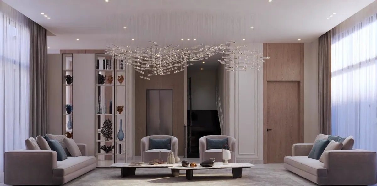 Reception lounge under a scattered-crystal chandelier