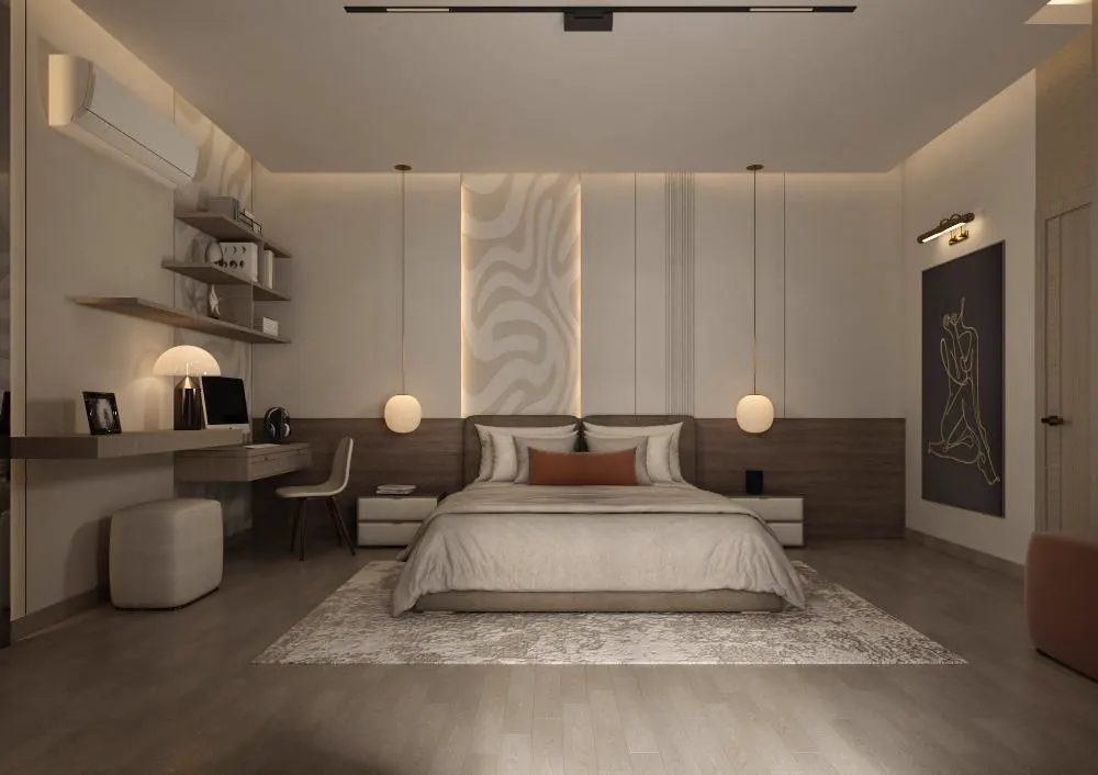 Bedroom with an integrated study desk and shelving