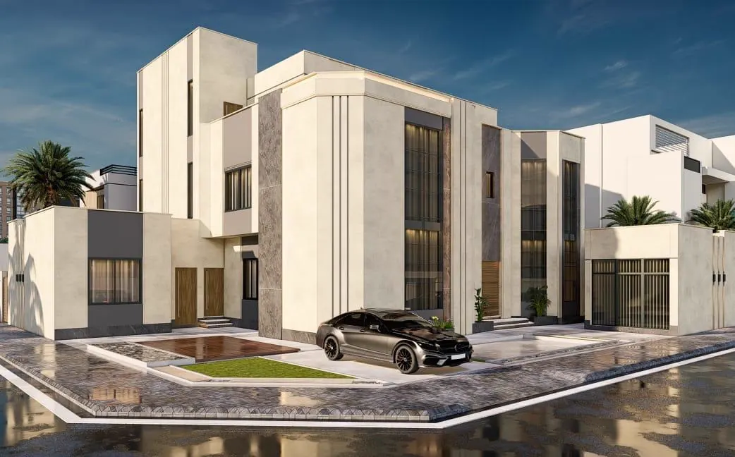 White villa with a car in the forecourt