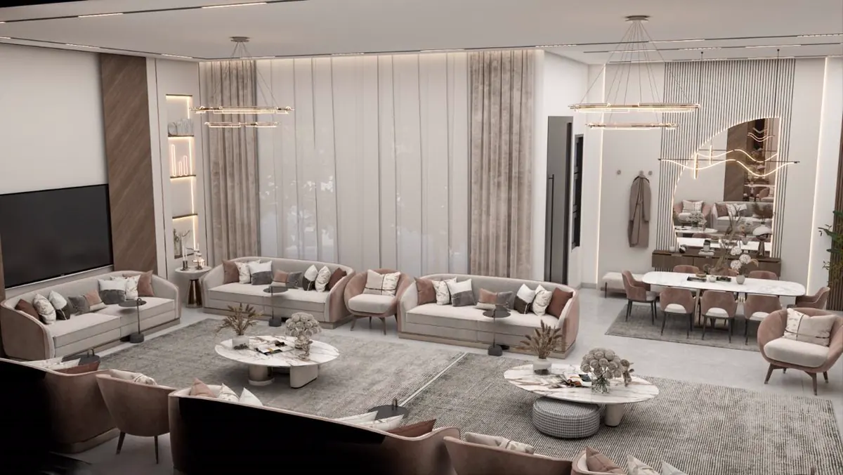 Majlis with a staircase and full-height drapery
